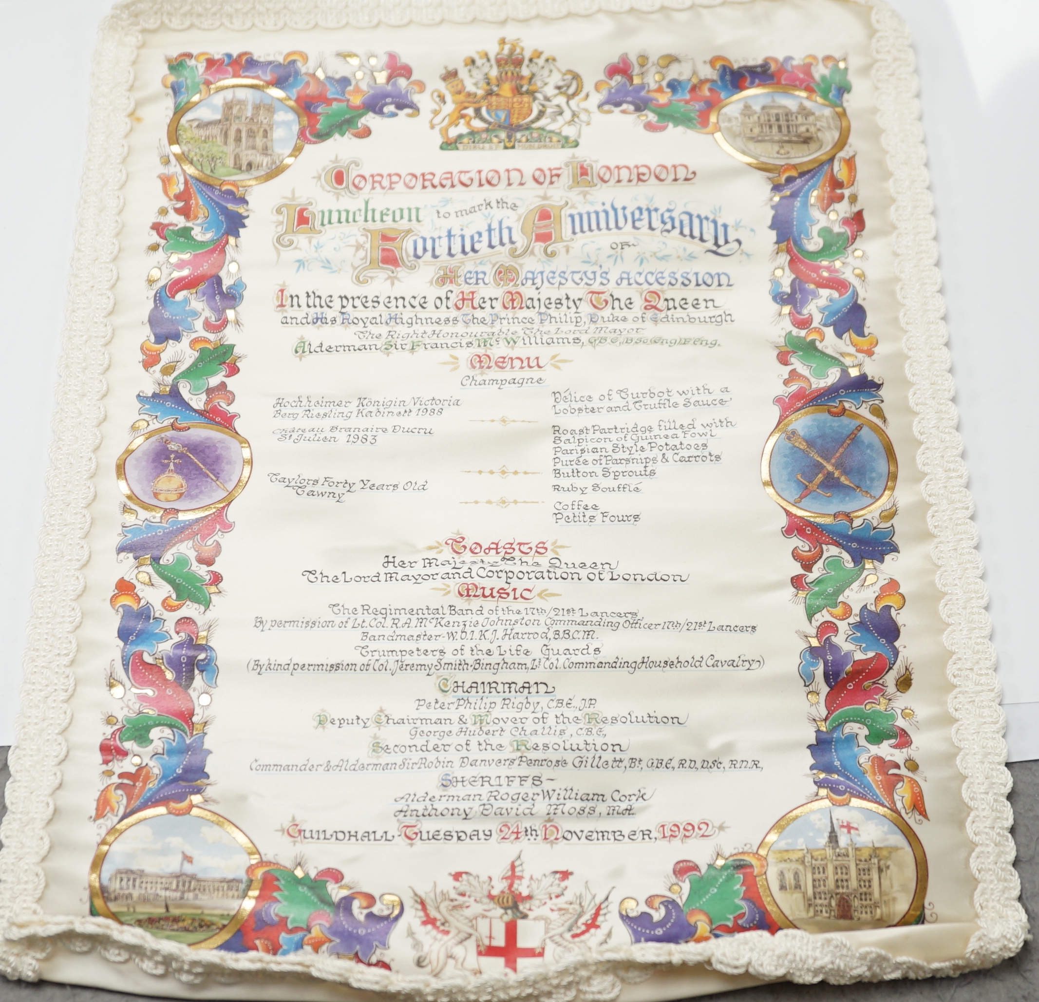 A QEII Guildhall commemorative luncheon scroll, November 24, 1992
